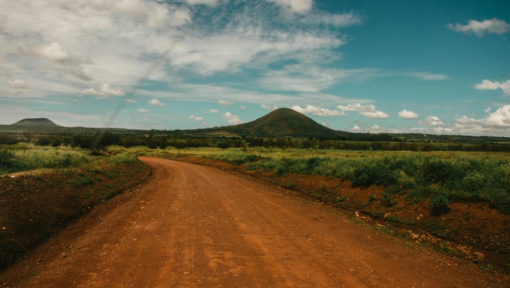 Explore the serene beauty of a rural dirt road winding through the lush Tanzanian countryside under a bright sky.