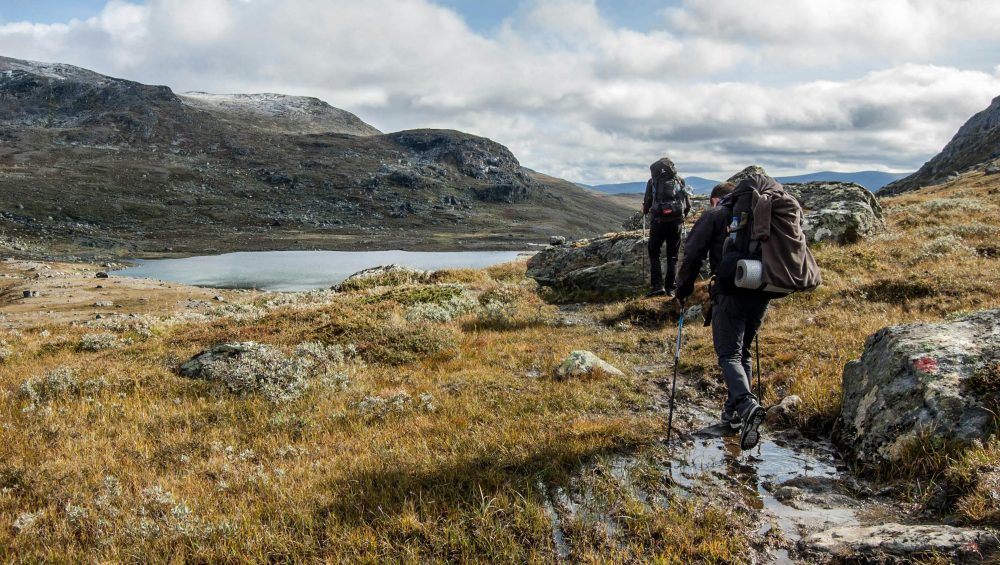 Adventurous hikers explore the scenic Vålådalen landscape in Sweden during fall.