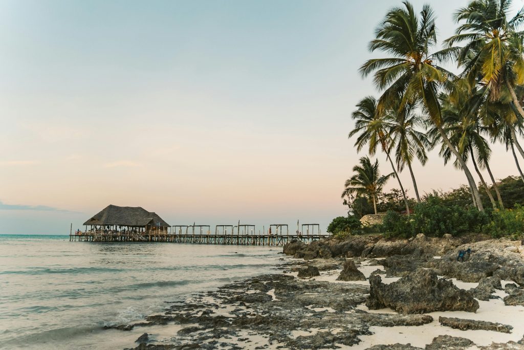 Tranquil Zanzibar beach with palm trees and a wooden jetty at sunset, Tanzania, offering a serene seaside escape.