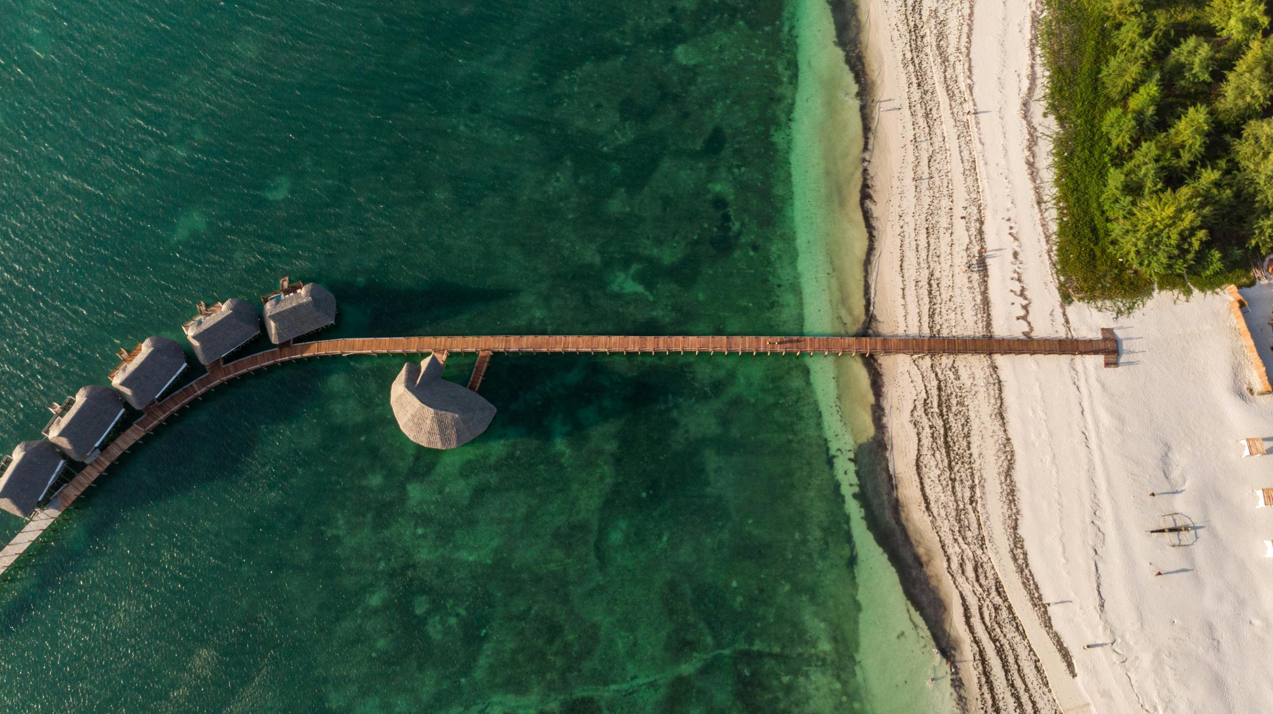 A stunning aerial shot of a serene tropical resort on the beach in Zanzibar, Tanzania.