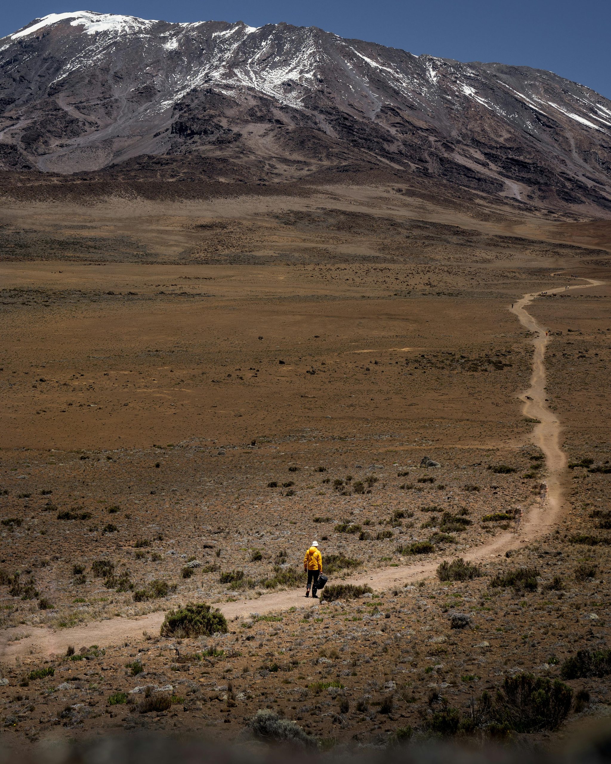 Lone hiker traversing the vast landscape of Mount Kilimanjaro under a clear sky.